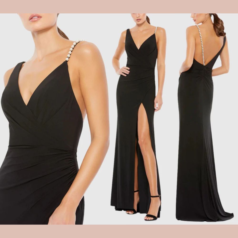 NWT IEENA MAC DUGGAL [ 4 ] 26532 Faux Wrap Rhinestone Strap‎ Gown Black Q1133